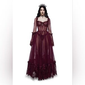 Dolls Kill Burgundy Sheer Lace Maxi Dress
